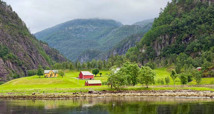 Vallée de fjord paisible avec des fermes dispersées, des pâturages verdoyants et des montagnes forestières escarpées.