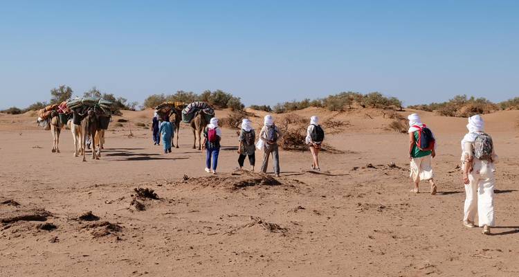 Les voyageurs portant des foulards blancs conduisent des chameaux de bât à travers une plaine désertique plate sous un ciel bleu dégagé.