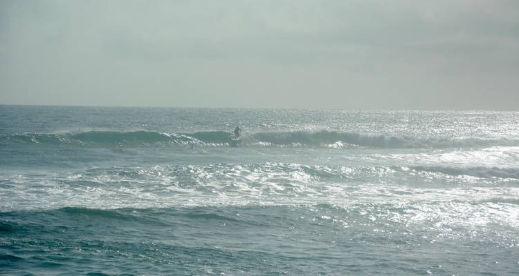 Un surfeur solitaire en équilibre sur une vague déferlante à la lumière matinale diffuse