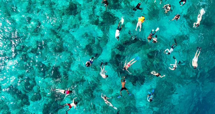 Vue aérienne de plongeurs en apnée flottant au-dessus des eaux de récif d'un turquoise éclatant.