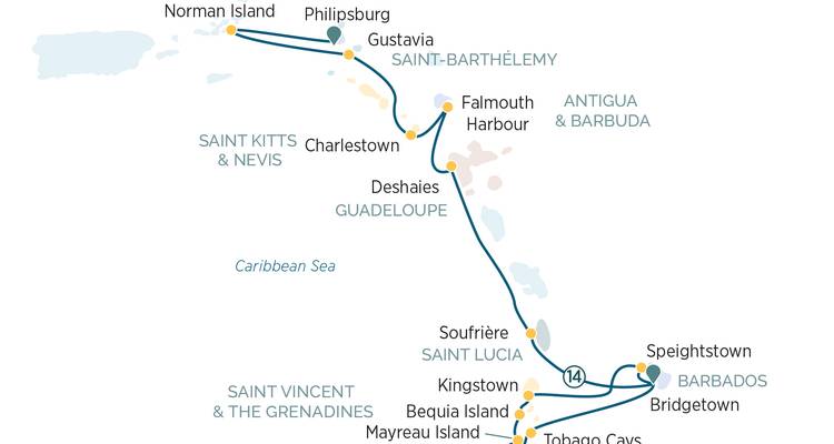 Karte einer Segelroute in der Karibik, die Norman Island, Philipsburg und Barbados verbindet.