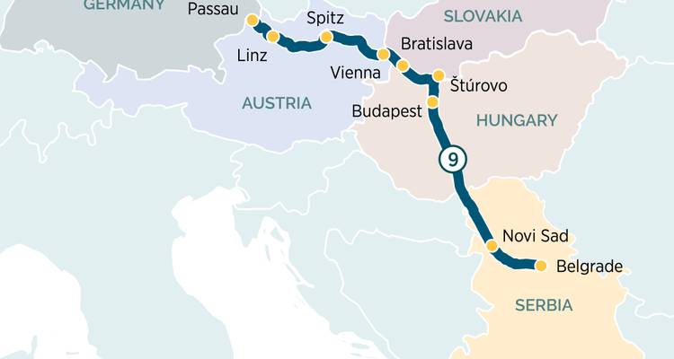 Mapa de la ruta de crucero por el Danubio que abarca Alemania, Austria, Eslovaquia, Hungría y Serbia.