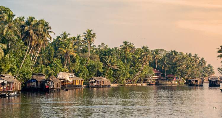 Traditionelle Hausboote säumen die palmenumsäumten Ufer der ruhigen Backwaters von Kerala bei Sonnenuntergang.