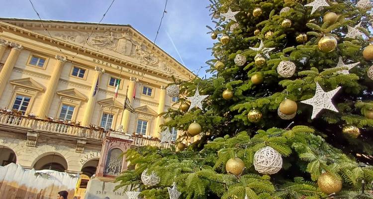 Geschmückter Weihnachtsbaum mit goldenen Verzierungen vor einem klassischen gelben Verwaltungsgebäude unter blauem Himmel.