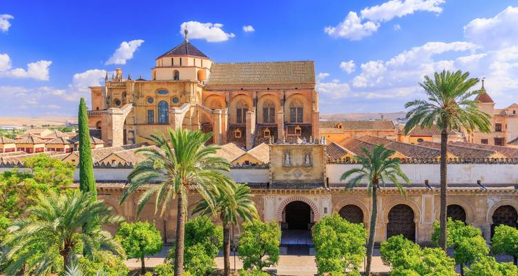La Cathédrale-Mosquée historique de Córdoba s'élève au-dessus de cours remplies de palmiers sous un ciel dégagé.