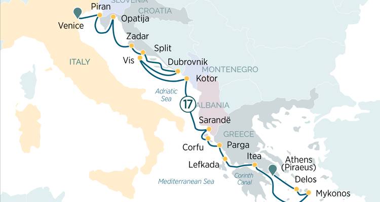 Carte d'un itinéraire de croisière extensive en Adriatique et en Égée de Venise à Athènes.