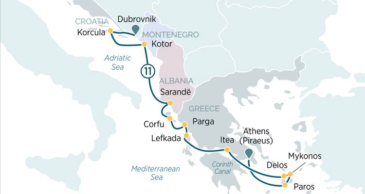 Carte d'itinéraire de croisière à travers la Croatie, le Monténégro, l'Albanie et la Grèce.