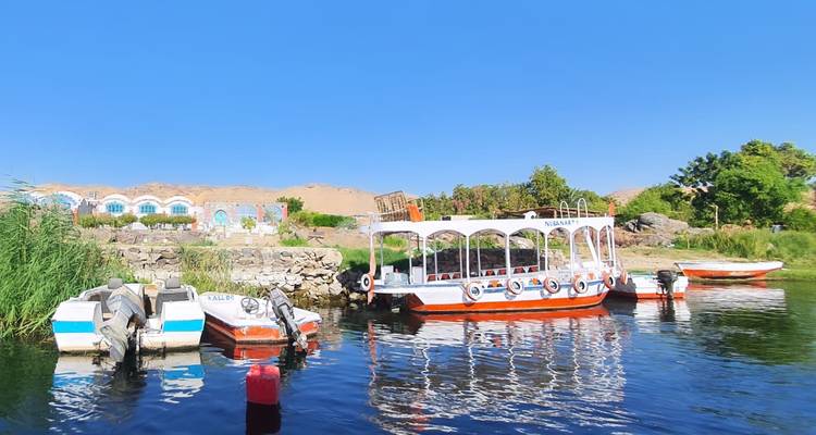 Des bateaux à moteur colorés flottent sur le Nil tranquille à côté d'une verdure luxuriante des berges fluviales sous un ciel dégagé.