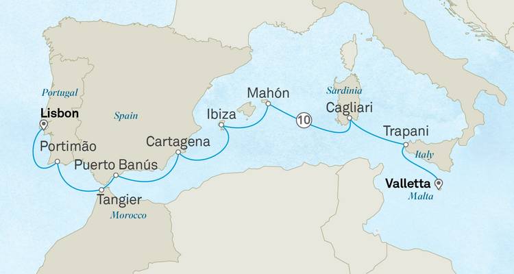 Cruiseroutekaart van de westelijke Middellandse Zee met route van Lissabon naar Valletta met tussenstops