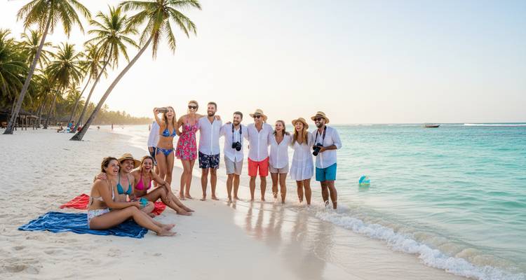 Amigos en traje de baño y ropa casual posando en la orilla de una playa tropical de agua turquesa al atardecer.