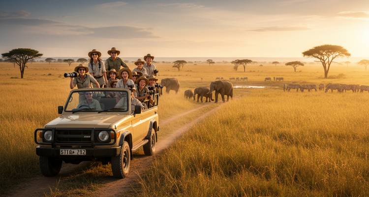 Un jeep de safari lleno de fotógrafos conduce por un camino de tierra a la hora dorada mientras elefantes y cebras pastan cerca.