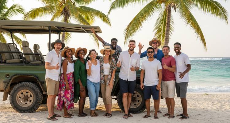 Un grupo alegre se para junto a un jeep de safari estacionado en una playa rodeada de palmeras y agua turquesa.