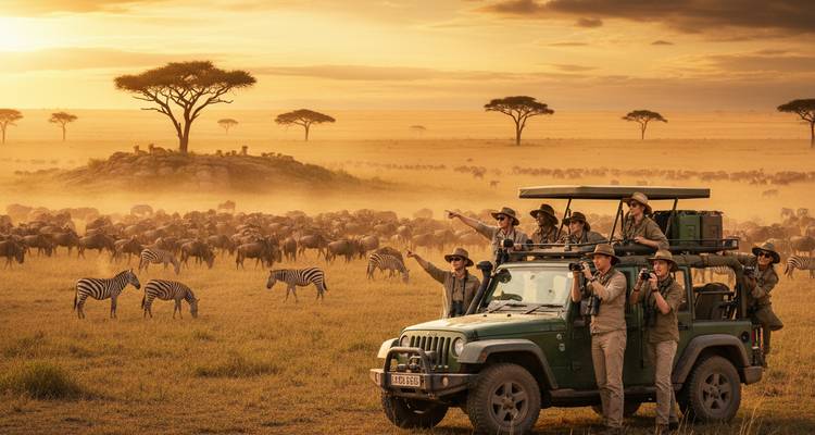 Vehículo de safari con turistas observando un enorme rebaño de ñus y cebras en las llanuras polvorientas del Serengeti durante la hora dorada.
