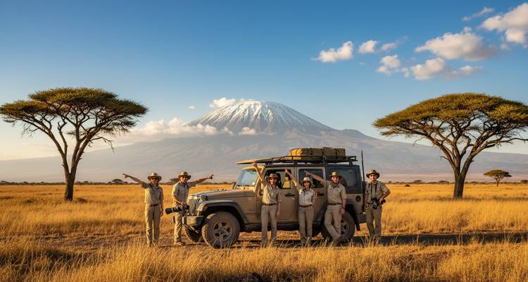 Grupo de viajeros en safari posando al lado de una jeep con el Kilimanjaro nevado enmarcado por dos acacias paraguas detrás.