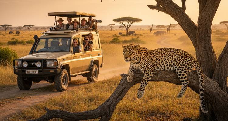 Un jeep de safari lleno de fotógrafos se detiene junto a un leopardo relajado en una rama de árbol a la hora dorada con elefantes pastando a lo lejos.