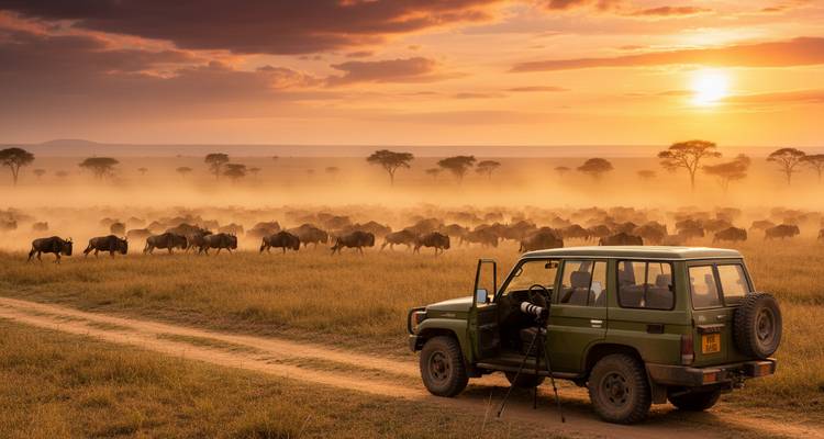 Un jeep estacionado en un camino polvoriento domina la vista de un enorme rebaño de ñus cruzando la sabana bajo un cielo al atardecer de un naranja brillante.
