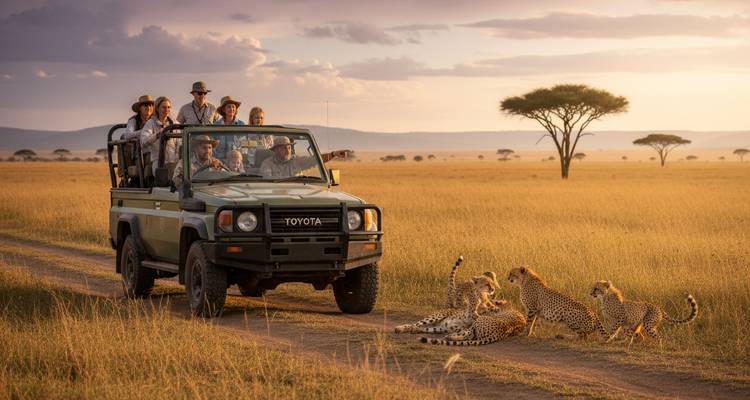 Turistas en una jeepeta abierta observan a un grupo juguetón de guepardos peleando en una carretera de tierra bajo la luz dorada de la tarde.