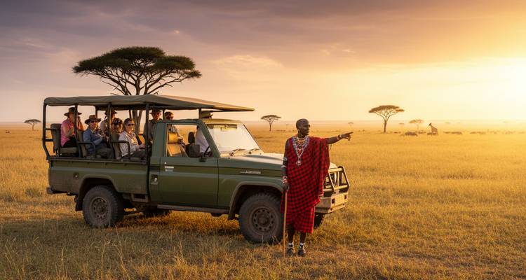 Un guía Maasai con el tradicional shuka rojo hace gestos hacia la sabana mientras turistas en un camión de safari escuchan al atardecer.