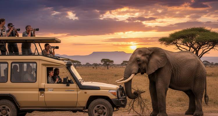 Fotógrafos arriba de un jeep de safari capturan a un elefante grande de cerca contra un cielo de atardecer dramático en la sabana.