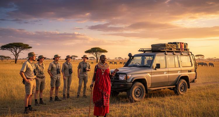 Un anciano maasai conversa con guías uniformados junto a un jeep de safari mientras los elefantes deambulan por los lejanos pastizales bajo la cálida luz del atardecer.