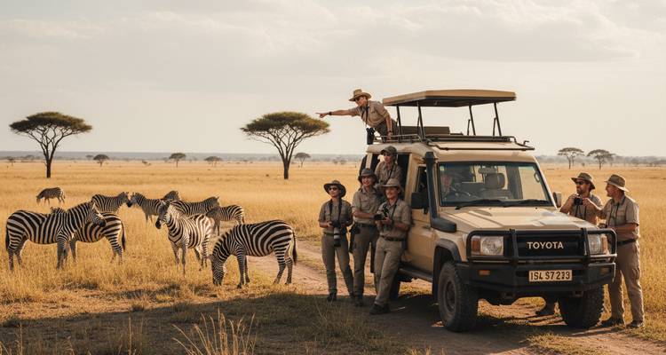 Los participantes del safari posan junto a su jeep mientras un pequeño rebaño de cebras pastan cerca en la llanura abierta.