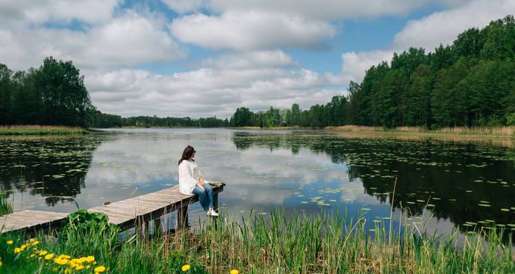Une femme assise sur une jetée en bois surplombant un lac calme parsemé de nénuphars et entouré de forêt.