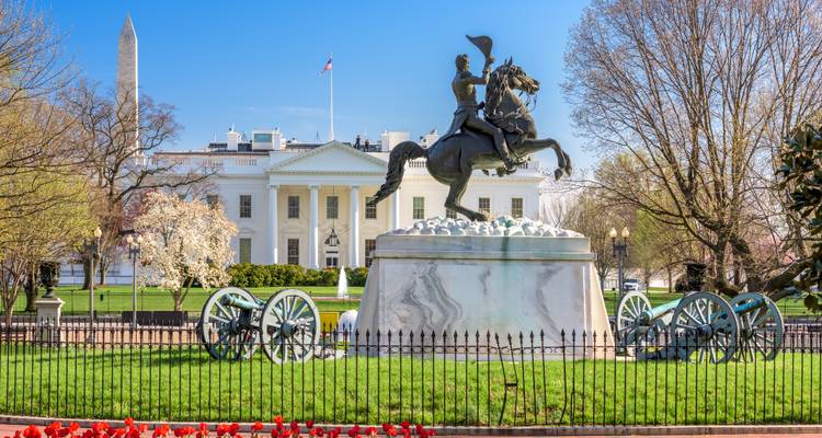 Reiterstandbild und Kanone auf dem Lafayette Square mit dem Weißen Haus und dem Washington Monument im Hintergrund