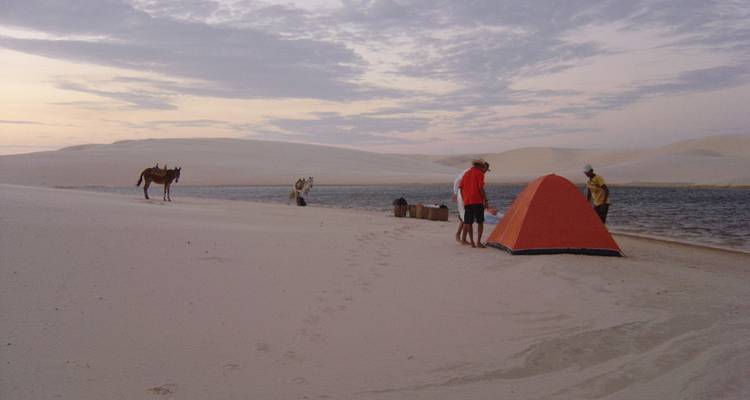 Les campeurs installent une tente près d'une lagune au crépuscule avec des ânes sur le sable de Lençóis Maranhenses