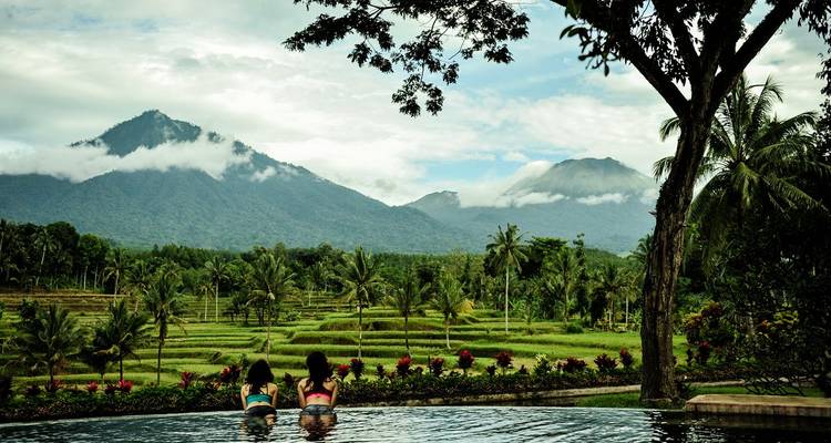 Dos mujeres relajándose en una piscina de borde infinito con vistas a terrazas de arroz y volcanes brumosos.