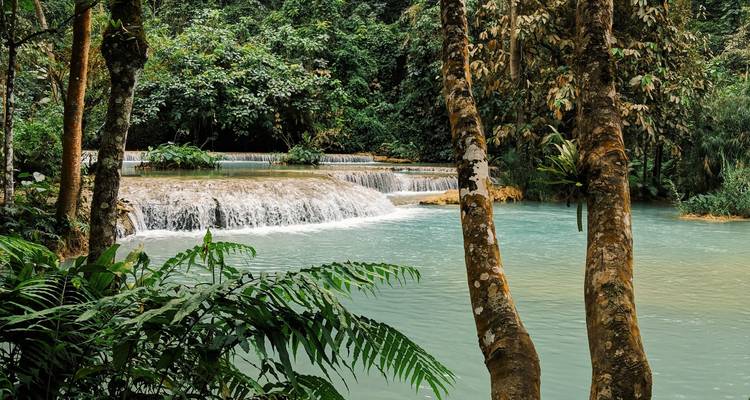 Türkisfarbene Becken fließen über Kalksteinstufen in einem üppigen tropischen Wald in Laos.