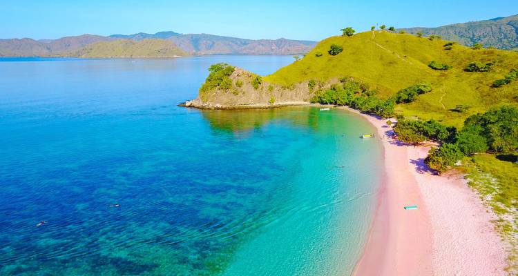 Toma aérea de Pink Beach con aguas turquesas y laderas verdes en la Isla de Komodo.