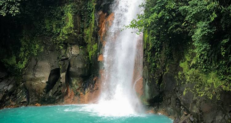 Una piscina de un turquesa vivido bajo una poderosa cascada de la selva enmarcada por paredes de roca musgosa y frondosa vegetación tropical densa.