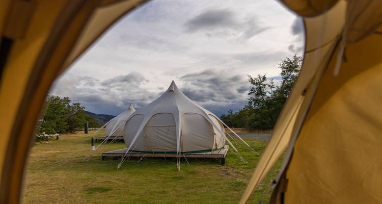 Glamping-Kuppelzelt aus Segeltuch auf hölzerner Plattform, umrahmt von einer offenen Zelteingangstür
