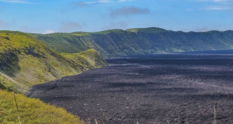 Los acantilados verdes caen hacia un vasto campo de lava negra que se encuentra con el mar en la isla Fernandina en las Galápagos.
