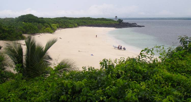Playa de arena blanca apartada rodeada de vegetación exuberante y una pequeña barca en aguas cristalinas.