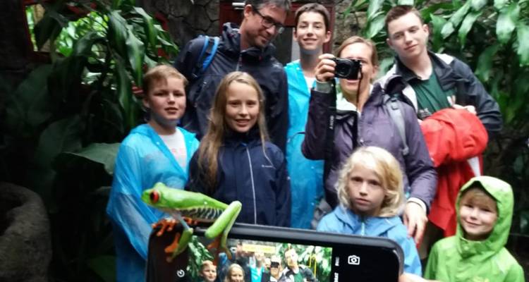Grupo de niños y adultos con ponchos para lluvia admirando una rana arbórea de ojos rojos