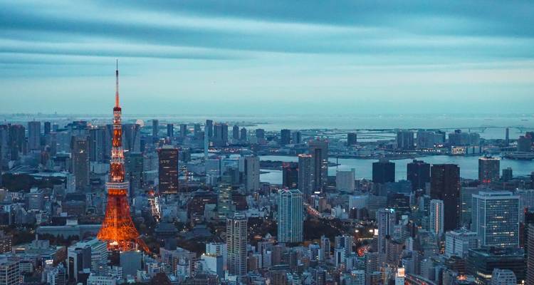 Skyline de Tokio con la Torre de Tokio iluminada brillando en naranja al atardecer