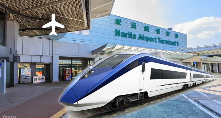 Zusammengesetzte Werbegrafik des Außenbereichs von Terminal 1 des Flughafens Narita mit einem eleganten blauen Zug und Flugzeugsymbol