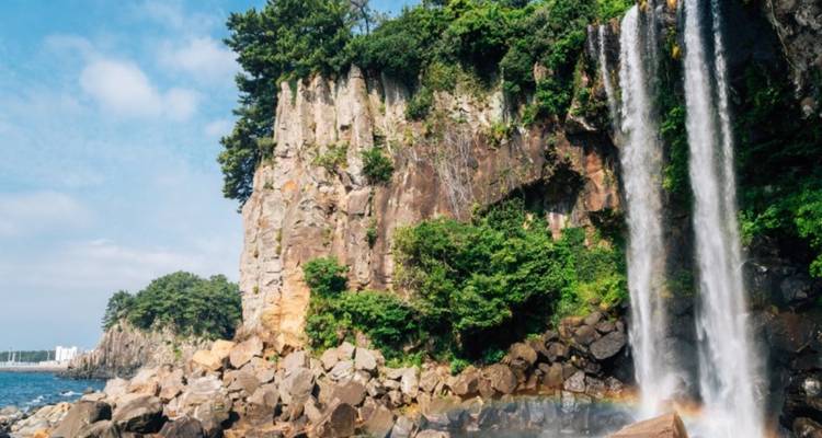 Een hoge waterkant waterval stort neer over een rotsachtige klif in de oceaan met weelderig groen erboven.