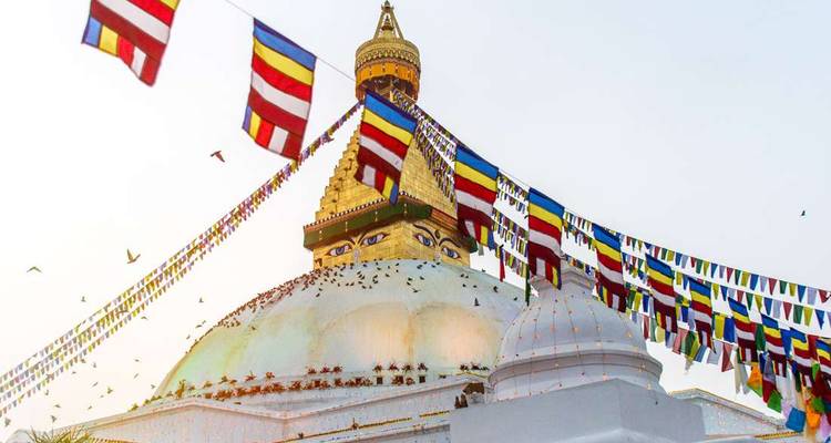 Stupa de Boudhanath drapé de drapeaux à prières colorés avec des oiseaux circulant au lever du soleil.
