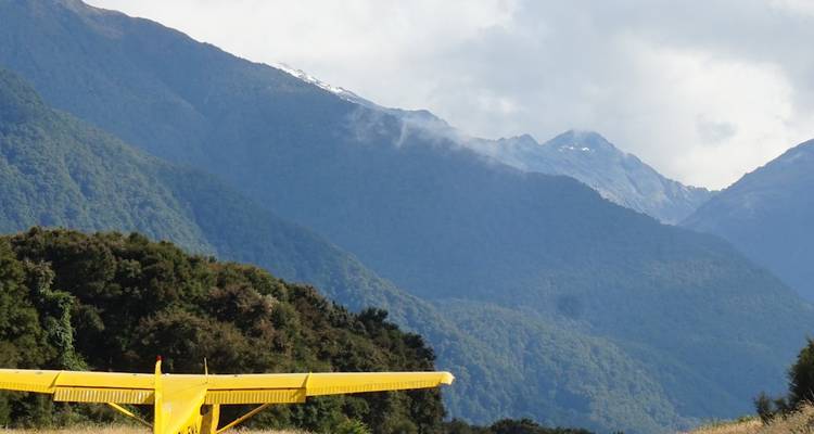 Petit avion jaune garé sur une piste d'atterrissage en herbe avec des montagnes boisées spectaculaires s'élevant à l'arrière-plan.
