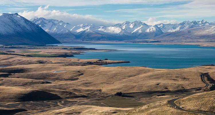 Vue panoramique des eaux turquoise du lac Tekapo entourées par des plaines dorées et les Alpes du Sud aux sommets enneigés.