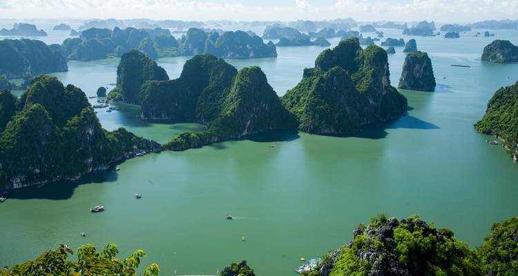 Vue aérienne panoramique de nombreuses îles calcaires couvertes de jungle dispersées dans des eaux turquoise.