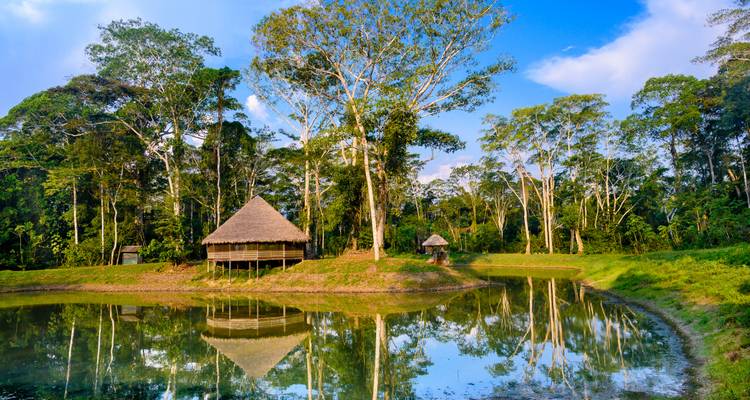 Ein Öko-Lodge am Seeufer auf Stelzen, das sich perfekt in ruhigem Wasser inmitten des dichten Amazonas-Regenwaldes spiegelt.