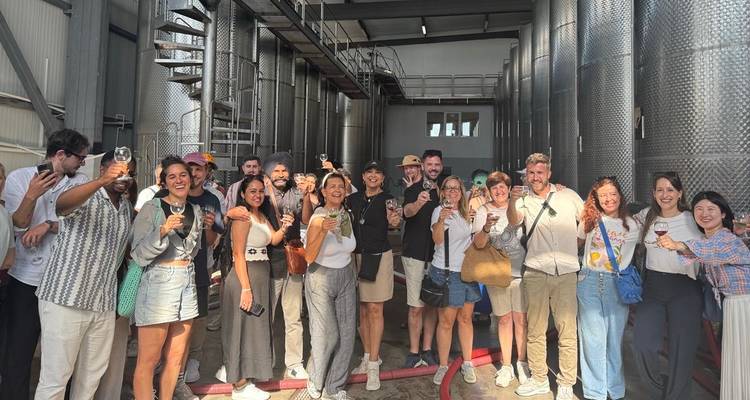 Grand groupe de touristes levant des verres de vin dans une salle de production de vinerie en acier inoxydable