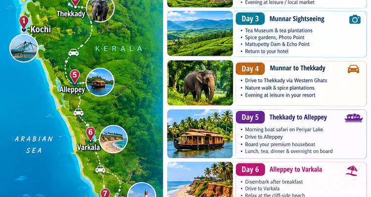 Farbenfrohe Reiseplangraifik mit Karte von Kerala, Route und täglichen Fotos mit Textfeldern.