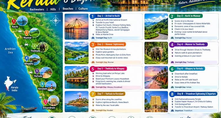 Detaillierte Infografik-Reiseroute für Kerala-Tour mit Karten, Fotos und großem Text.