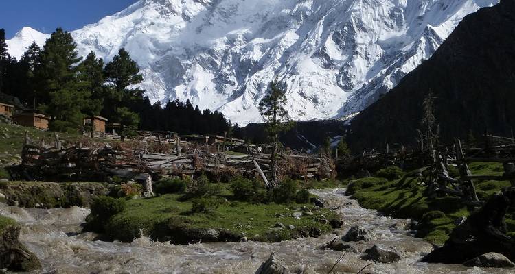 Snow-clad mountain towering above alpine forest and fast-flowing stream with rustic wooden fences.