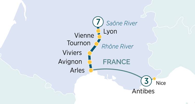 Carte de croisière pour les fleuves du sud de la France et séjour sur la Côte d'Azur.