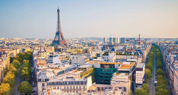 Erhöhte Panoramaansicht von Paris mit dem Eiffelturm, der sich über baumgesäumte Boulevards im sanften Abendlicht erhebt.